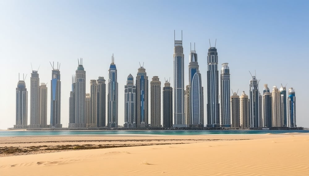 Dubai city skyline with desert in the foreground Dubai city skyline with desert in the foreground